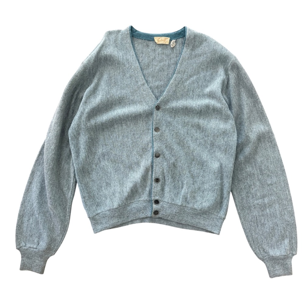 Vintage 60s Orlon Acrylic Cardigan Sweater V Neck XL Blue Gray Slouchy Kurt